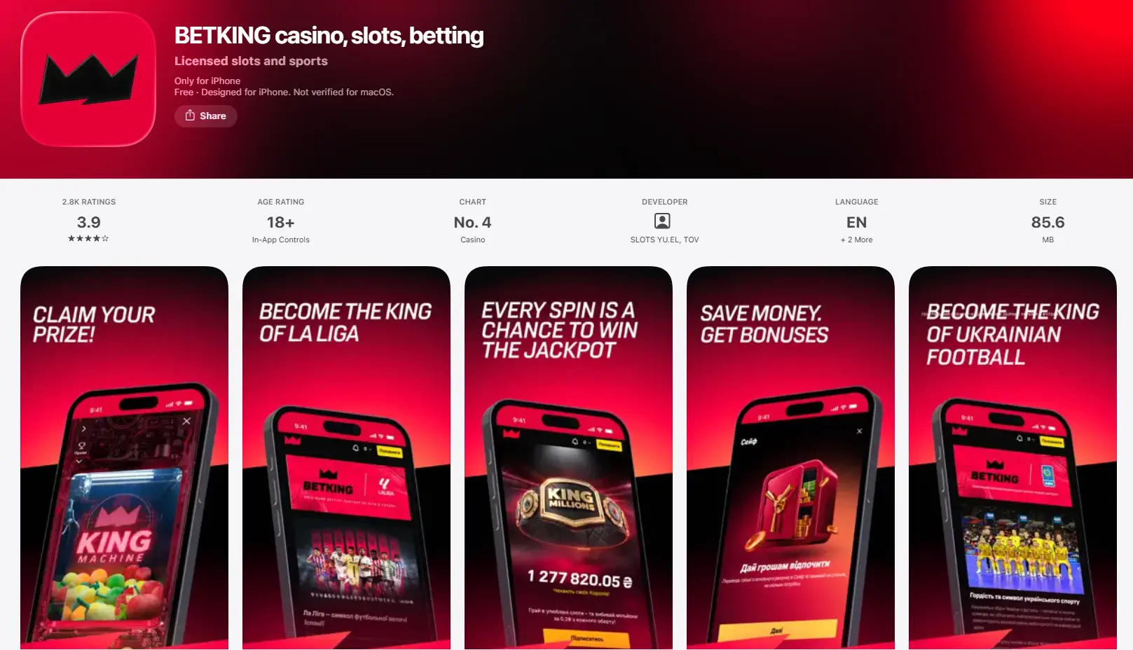 Страница приложения BETKING casino, slots, betting в App Store: разработчик SLOTS YU.EL, TOV, размер 85,6 МБ